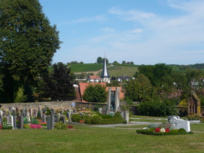 View of the village, and vineyards and war memorial from the Kürnbach Cemetery